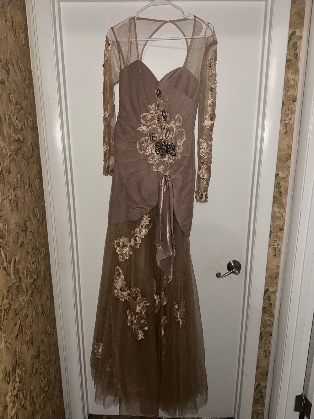 Embroidered Taupe Long Sleeve Prom Dress with Floral Appliqué